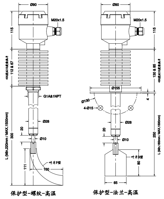 高溫Spin-11P保護(hù)型阻旋料位開(kāi)關(guān)尺寸圖